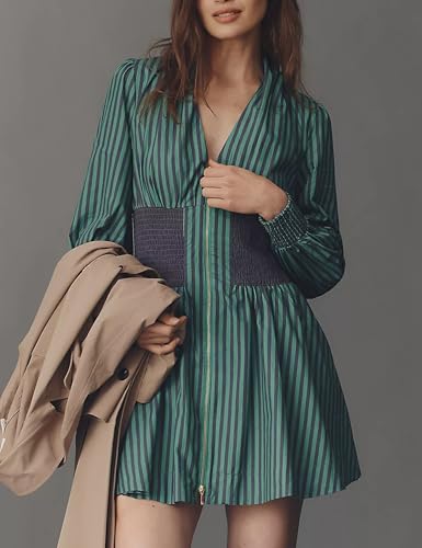 Meyhad Womens Long Sleeve Mini Dress V Neck Smocked Zipper Dress Casual A Line Short Dress with Pockets(1012-StripedGreen-M) - Image 2