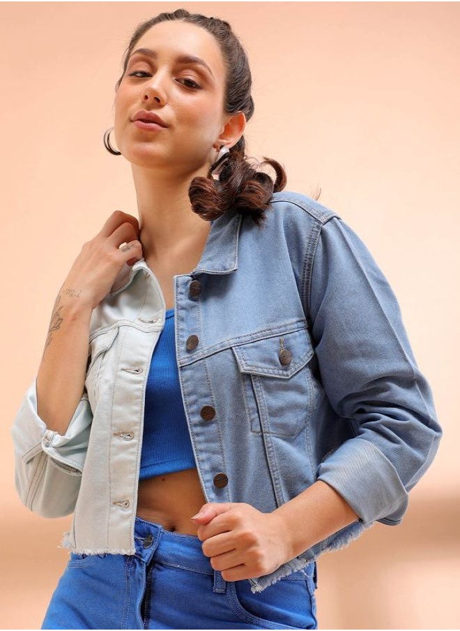 Freehand - Women Slim Blue Solid Collared Neck Long Sleeve Jacket - Image 1