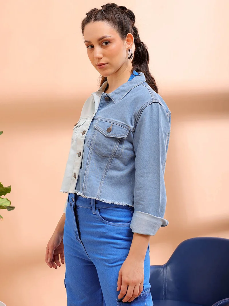 Freehand Women Slim Blue Solid Collared Neck Long Sleeve Jacket