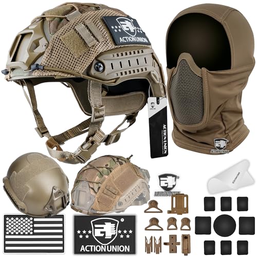 ACTIONUNION Airsoft Helmet and Mask Set Tactical Paintball Helmet and Balaclava Mesh Mask MH Type (Tan, Medium) - Image 1