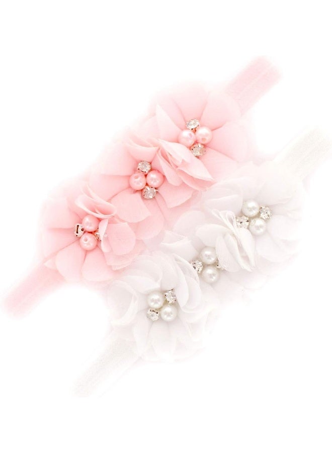 My Lello Girls Flower Headbands Toddler Fabric Beaded Trio Stretchy Elastic Pair (Light Pink/White) - Image 1