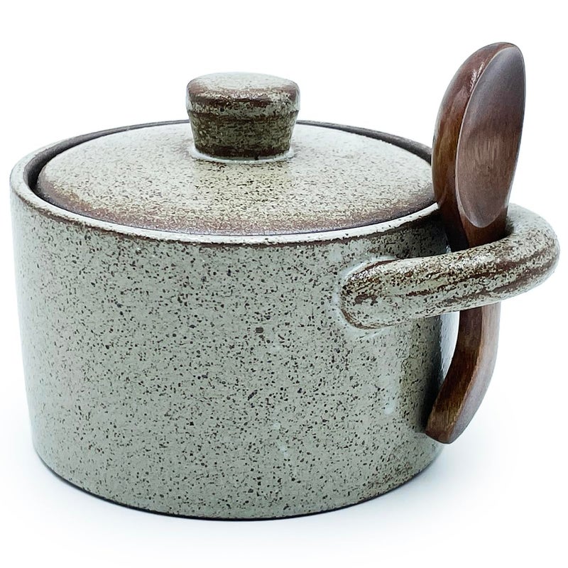 EWEIGEER Ceramic Salt Cellar With Lid & Spoon,8oz Salt Container For Countertop,Sugar Bowl,Spice Jar(Coarse Pottery Color) - Image 1