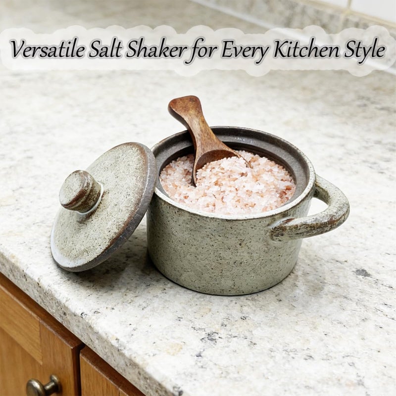 EWEIGEER Ceramic Salt Cellar With Lid & Spoon,8oz Salt Container For Countertop,Sugar Bowl,Spice Jar(Coarse Pottery Color) - Image 3