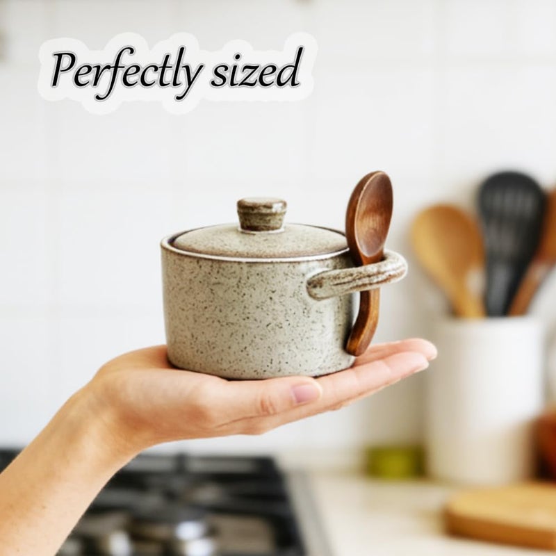 EWEIGEER Ceramic Salt Cellar With Lid & Spoon,8oz Salt Container For Countertop,Sugar Bowl,Spice Jar(Coarse Pottery Color) - Image 4