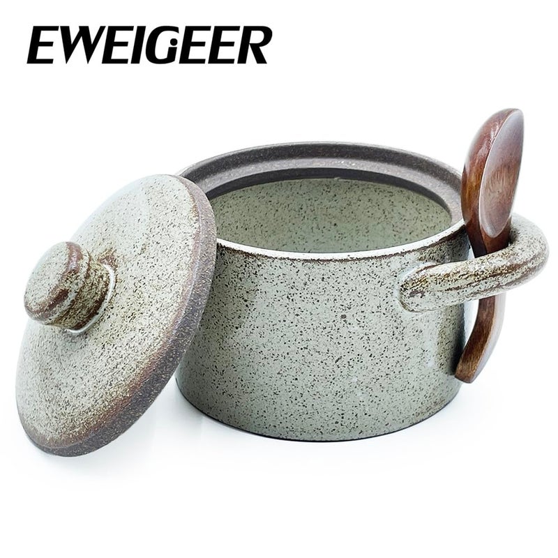 EWEIGEER Ceramic Salt Cellar With Lid & Spoon,8oz Salt Container For Countertop,Sugar Bowl,Spice Jar(Coarse Pottery Color) - Image 5