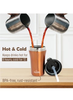 Any Morning Travel Coffee Mug with Lid and Straw 400ml, Insulated Stainless Steel Coffee Tumbler, Travel Coffee Cup for Hot and Cold Beverage, Leakproof and Spillproof, 14 oz, Copper Colour - SI232021  - Image 4