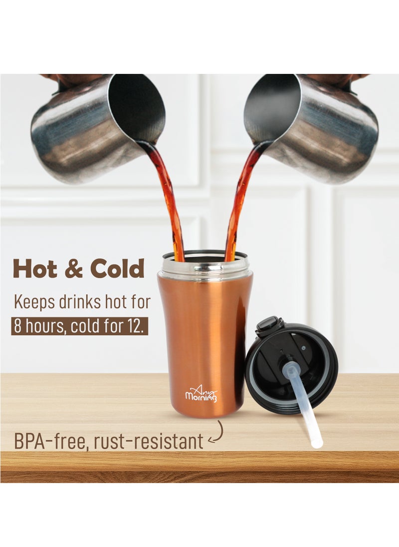 Any Morning Travel Coffee Mug with Lid and Straw 400ml, Insulated Stainless Steel Coffee Tumbler, Travel Coffee Cup for Hot and Cold Beverage, Leakproof and Spillproof, 14 oz, Copper Colour - SI232021  - Image 4