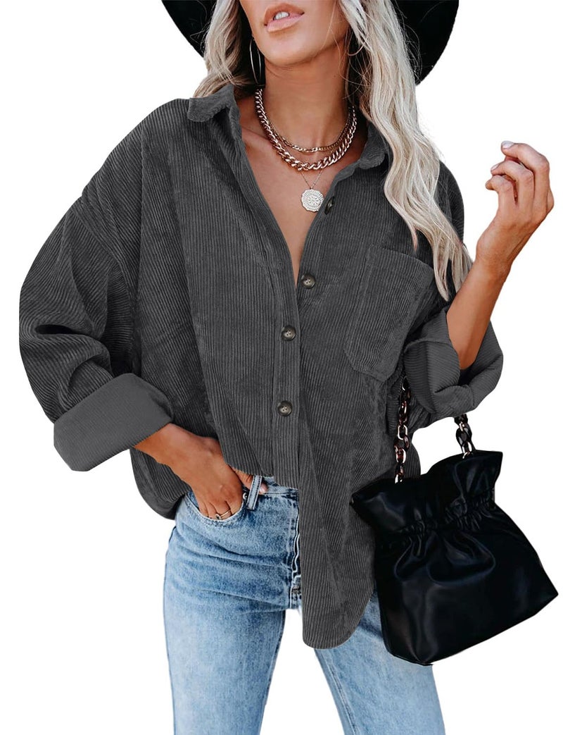 ZOLUCKY Women's Long Sleeve Shacket Jacket Button Down Blouse Tops Casual Oversized Cream Shacket with Pocket, Dark Gray Small - Image 3