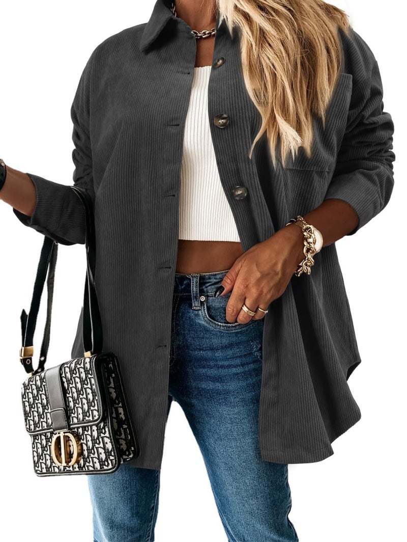 ZOLUCKY Women's Long Sleeve Shacket Jacket Button Down Blouse Tops Casual Oversized Cream Shacket with Pocket, Dark Gray Small - Image 2