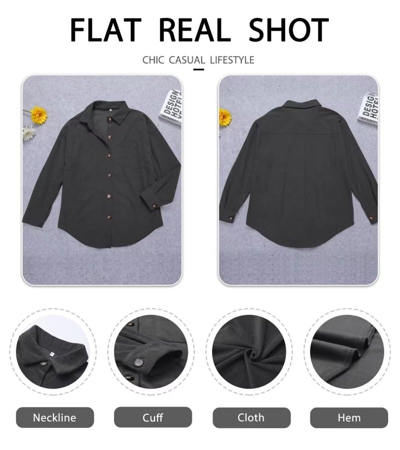 ZOLUCKY Women's Long Sleeve Shacket Jacket Button Down Blouse Tops Casual Oversized Cream Shacket with Pocket, Dark Gray Small - Image 5