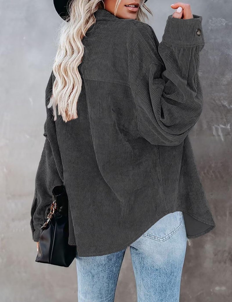 ZOLUCKY Women's Long Sleeve Shacket Jacket Button Down Blouse Tops Casual Oversized Cream Shacket with Pocket, Dark Gray Small - Image 4