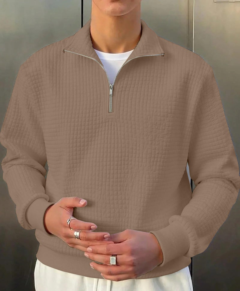 KAJARU Men's Textured Half-Zip Short Sleeve Sweatshirt - Casual Summer Pullover Top (in, Alpha, XL, Regular, CHIKU) - Image 5
