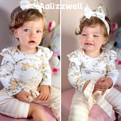 Aalizzwell Preemie Baby Girls Clothes Premature Floral Long Sleeve Striped Fall Winter Spring Outfit Yellow - Image 3