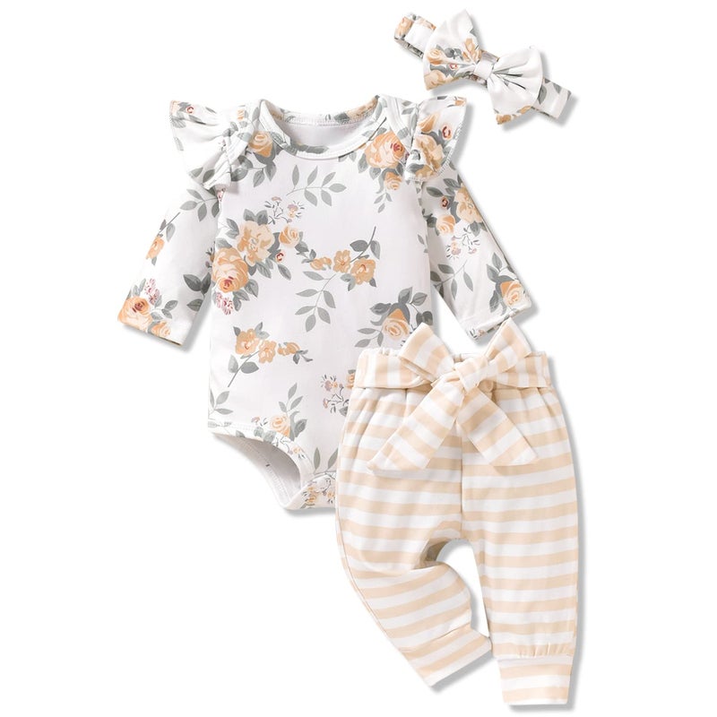 Aalizzwell Preemie Baby Girls Clothes Premature Floral Long Sleeve Striped Fall Winter Spring Outfit Yellow - Image 2