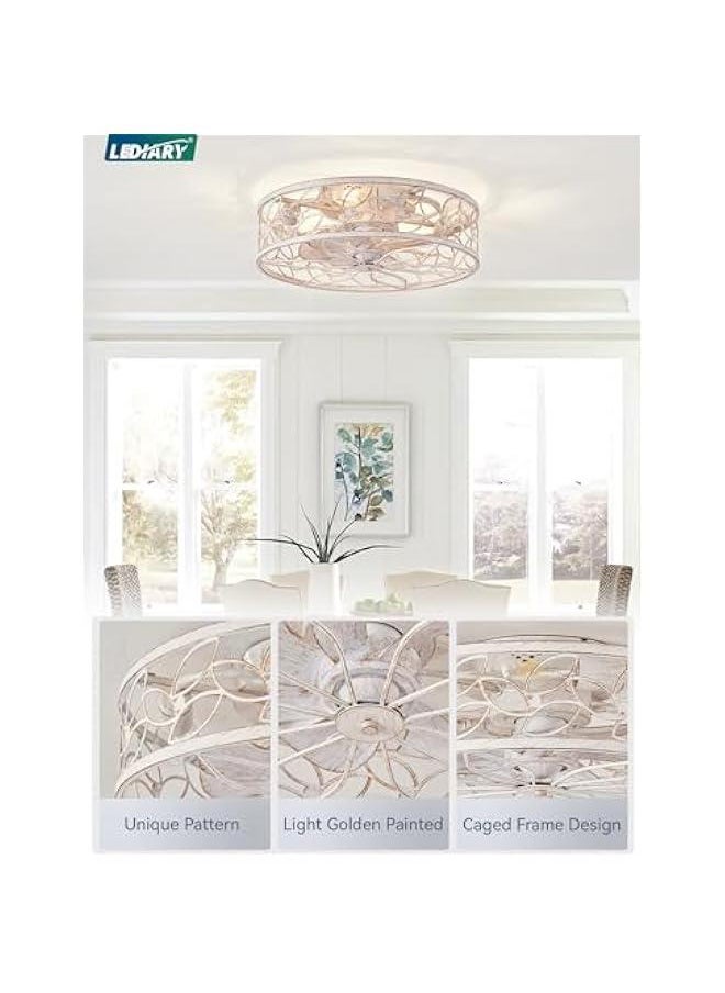 Arabest White Gold Caged Ceiling Fan Light Fixture with Remote Control for Bedroom, Kitchen, Dining Room - Low Profile Bladeless Design.  - Image 3