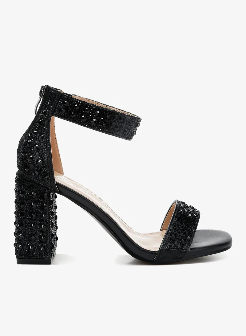 Rhinestones And Sequins Block Sandals in Black