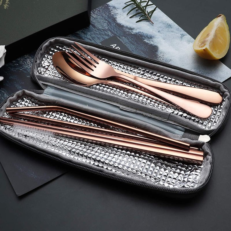 Topbooc Portable Stainless Steel Flatware Set, Travel Camping Cutlery Set, Portable Utensil Travel Silverware Dinnerware Set with a Waterproof Case (Rose God) - Image 4