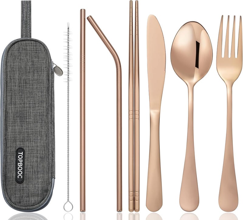 Topbooc Portable Stainless Steel Flatware Set, Travel Camping Cutlery Set, Portable Utensil Travel Silverware Dinnerware Set with a Waterproof Case (Rose God) - Image 1