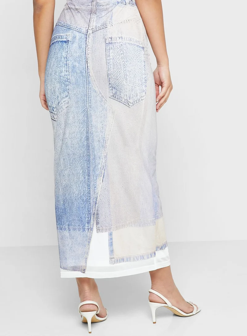 TOPSHOP Denim Print Mesh Midi Skirt