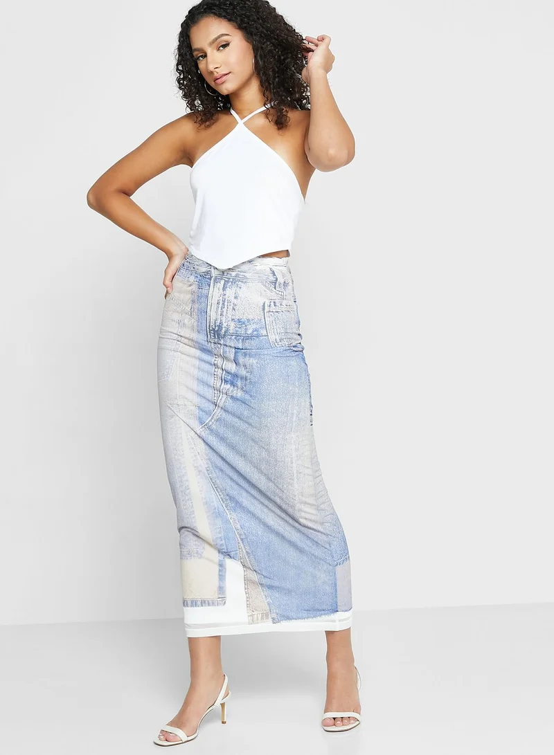 TOPSHOP Denim Print Mesh Midi Skirt