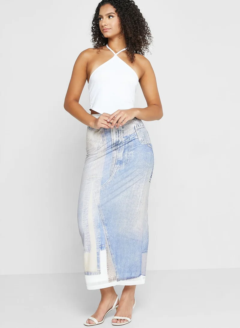 TOPSHOP Denim Print Mesh Midi Skirt