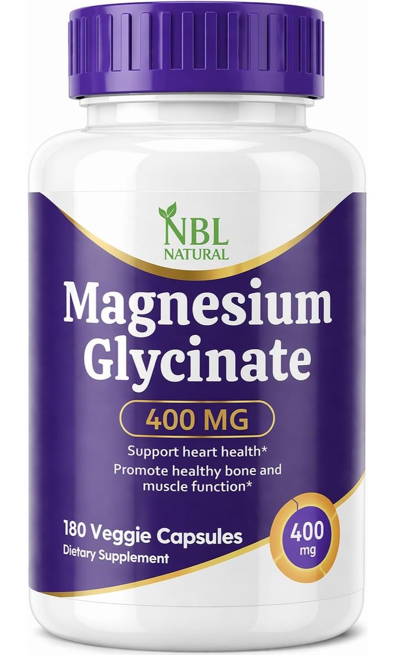NBL Natural Magnesium Glycinate 400 mg, 180 Veggie Capsules, Supports Muscle, Bone & Heart Function, High Absorption Formula - Image 1