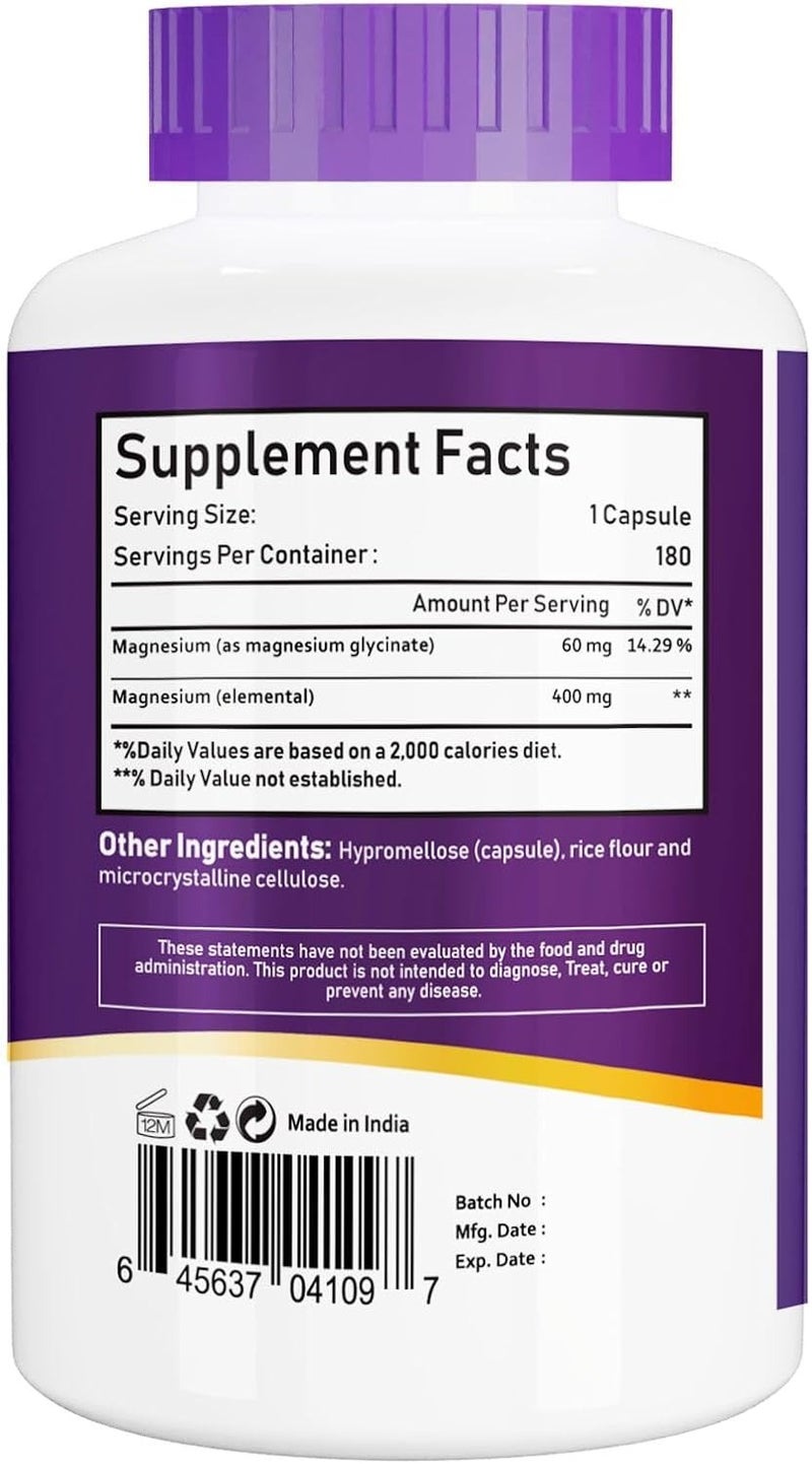 NBL Natural Magnesium Glycinate 400 mg, 180 Veggie Capsules, Supports Muscle, Bone & Heart Function, High Absorption Formula - Image 3