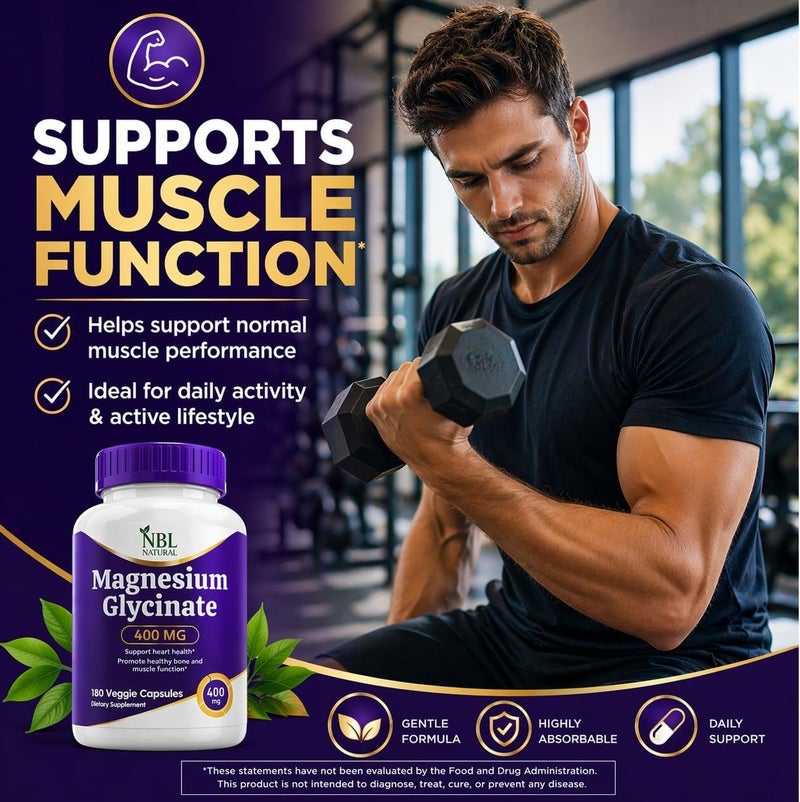 NBL Natural Magnesium Glycinate 400 mg, 180 Veggie Capsules, Supports Muscle, Bone & Heart Function, High Absorption Formula - Image 5