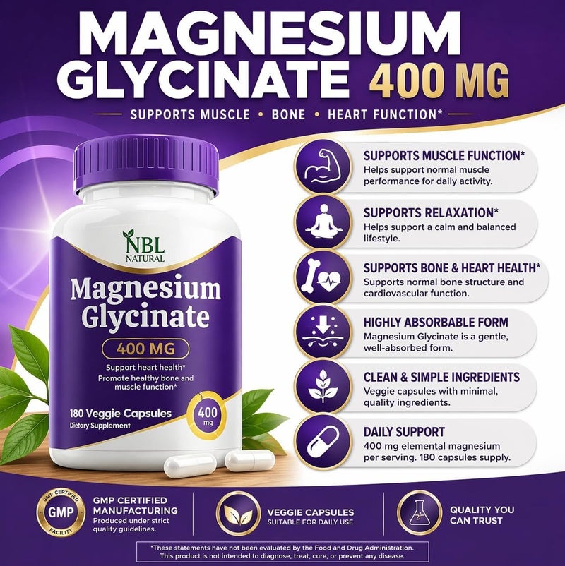 NBL Natural Magnesium Glycinate 400 mg, 180 Veggie Capsules, Supports Muscle, Bone & Heart Function, High Absorption Formula - Image 4