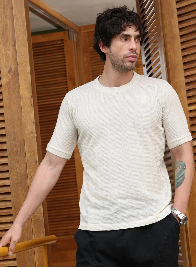 Campus Sutra Men Dash-Ribbed Knit T-Shirt | Ribbed Crew Neck, Short Ribbed Cuff Sleeves | Pull On , Straight Hem | Solid Jacquard | Knitted Fabric For Casual & Daily Wear | Cream White