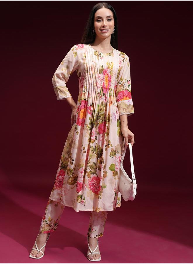 Vishudh Women Cream Floral Printed Kurta with Trousers by Styli  - Image 1