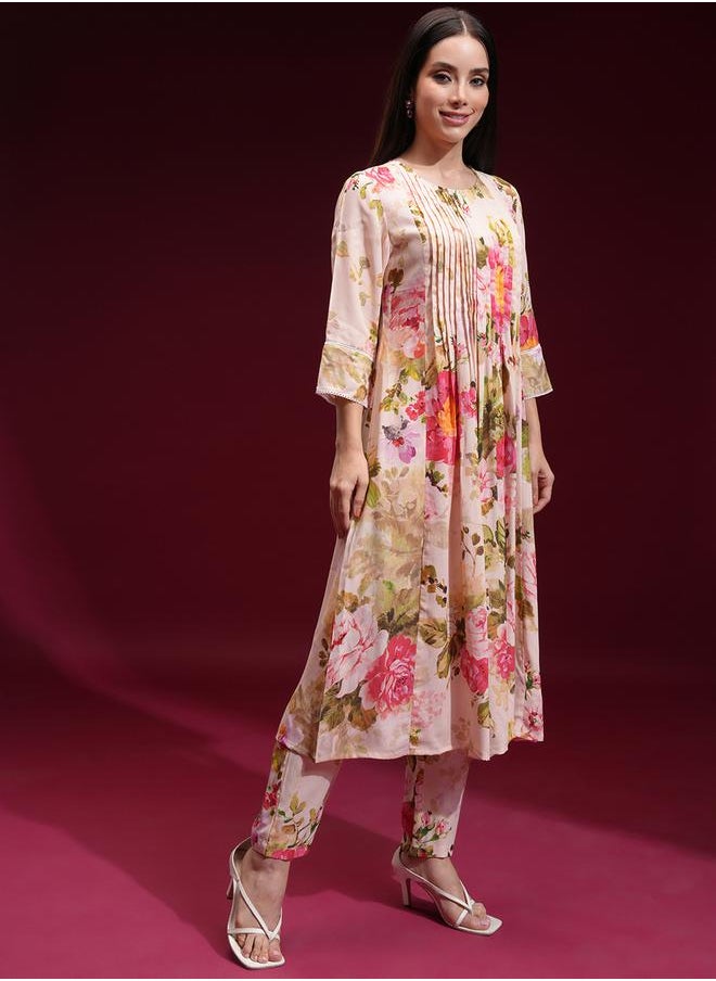 Vishudh Women Cream Floral Printed Kurta with Trousers by Styli  - Image 4
