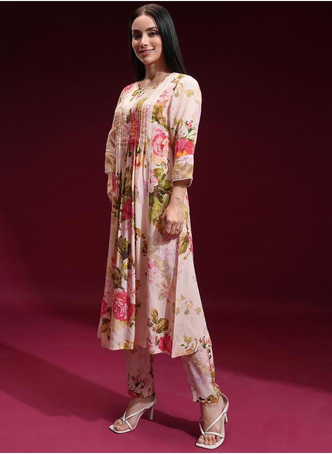 Vishudh Women Cream Floral Printed Kurta with Trousers by Styli  - Image 2