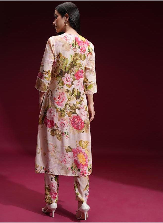 Vishudh Women Cream Floral Printed Kurta with Trousers by Styli  - Image 3