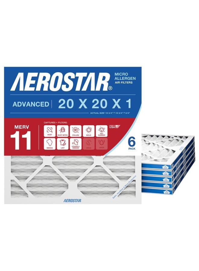 Aerostar 20x20x1 MERV 11 Pleated Air Filter, AC Furnace Air Filter, 6 Pack (Actual Size: 19 3/4"x 19 3/4" x 3/4") - Image 1