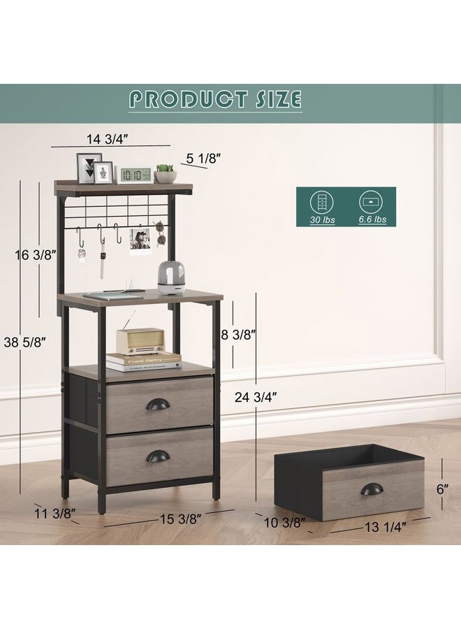 sthmec Tall Nightstands with Charging Station, LED Night Stand Bedsides with 2 Fabric Drawers,Hooks,USB Port and Storage Shelves,Tall End Table Dresser for Livingroom,Bedroom,Office, Grey - Image 3