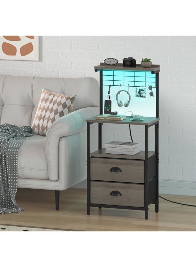 sthmec Tall Nightstands with Charging Station, LED Night Stand Bedsides with 2 Fabric Drawers,Hooks,USB Port and Storage Shelves,Tall End Table Dresser for Livingroom,Bedroom,Office, Grey - Image 2