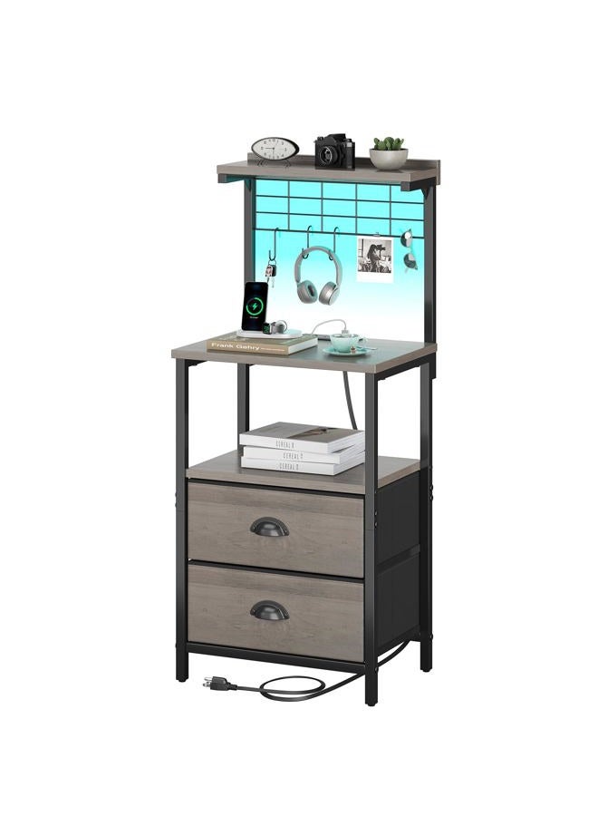 sthmec Tall Nightstands with Charging Station, LED Night Stand Bedsides with 2 Fabric Drawers,Hooks,USB Port and Storage Shelves,Tall End Table Dresser for Livingroom,Bedroom,Office, Grey - Image 1