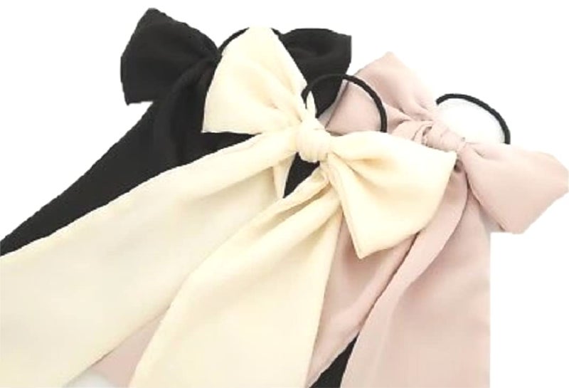 IBDA Glossy Premium Bow Knotted Scrunchies Handmade with Bobble Tie Head Accessories Long Silk Hair Ties Pink Black CreamWhite Adjustable Size Pack of 3 - Image 1