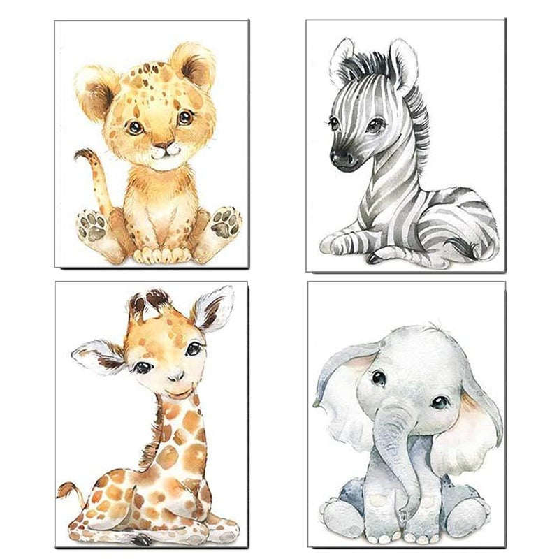 Kiddale Baby Watercolor Animals Wall Art Prints Set of 4 (8x10 Unframed) Tiger Elephant Zebra Giraffe Safari Animals Pictures Nursery Decor Art - Image 1