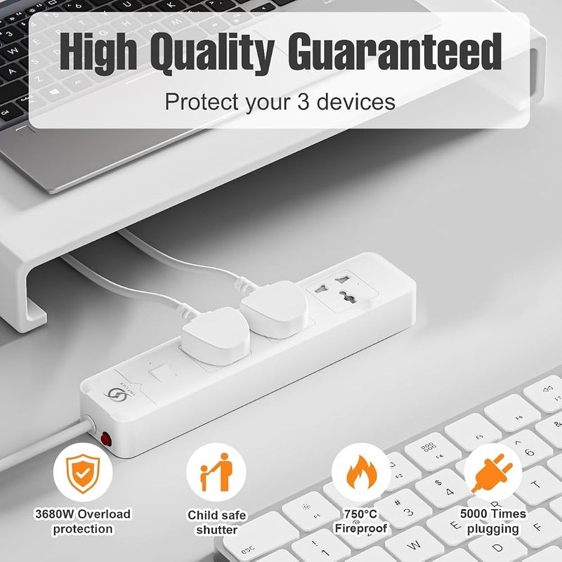 INFLUX Extension Cord 3 Outlets 3 Meters, Line Filter with Surge Protection, Universal Plug, 13A 250V, 3-Pin UK Plug, Overload Protection for Home, Office and - Image 2