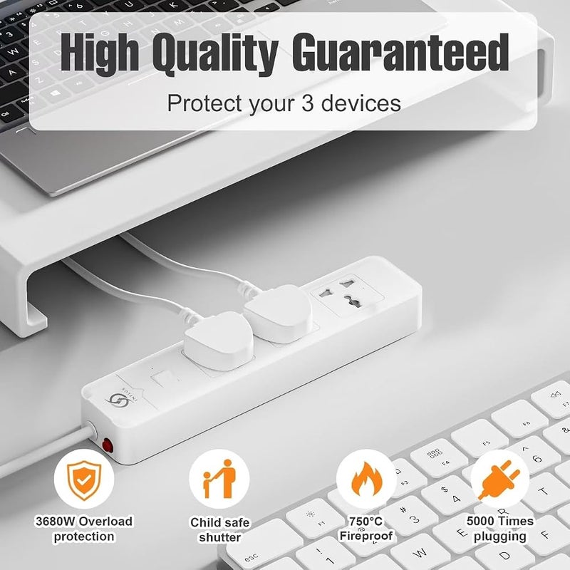 INFLUX Extension Cord 3 Outlets 3 Meters, Line Filter with Surge Protection, Universal Plug, 13A 250V, 3-Pin UK Plug, Overload Protection for Home, Office and - Image 4
