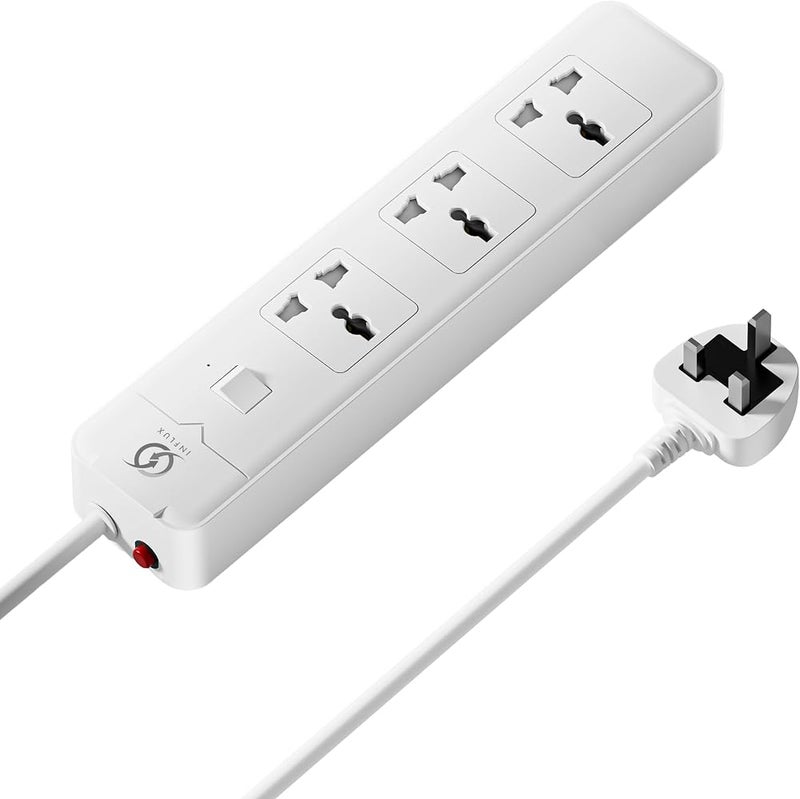INFLUX Extension Cord 3 Outlets 3 Meters, Line Filter with Surge Protection, Universal Plug, 13A 250V, 3-Pin UK Plug, Overload Protection for Home, Office and - Image 1