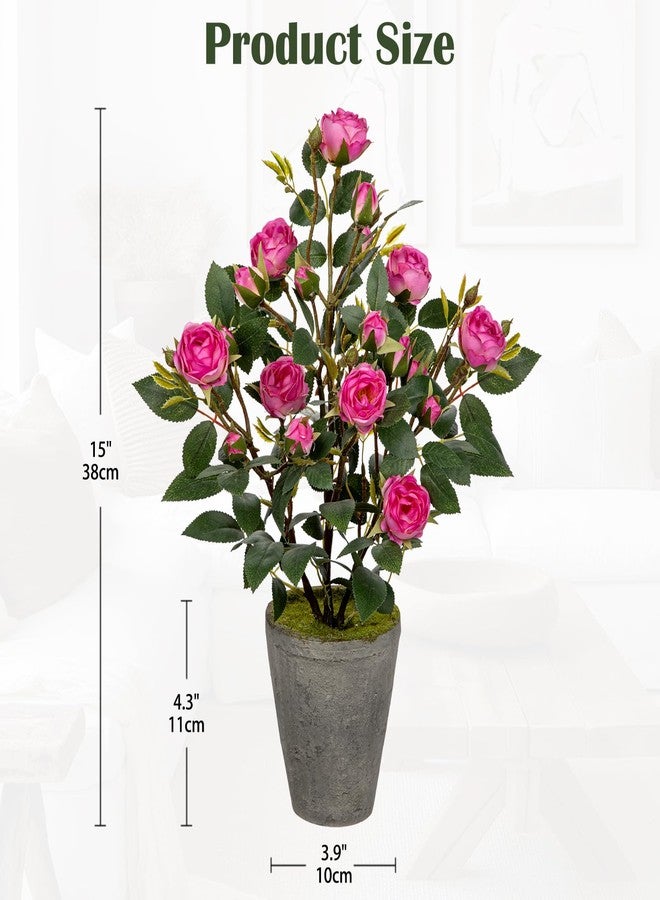 Hollyone Artificial Flower Plants Camellia Pink Roses Faux Potted Plant with Cement Pot Fake Silk Flower Rose Camellias Flower Arrangement Office Home Decor Bathroom Shelf Desk Decoration 15 Inch - Image 2