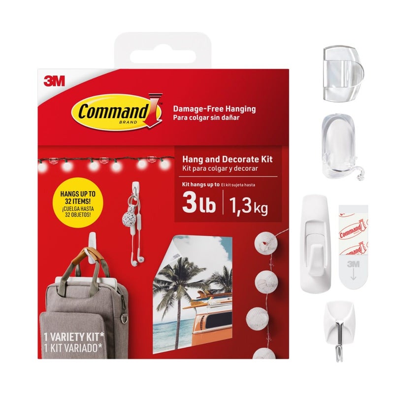 Command Hang and Decorate Kit 6 Small Toggle Hooks 2 Medium Utility Hooks 4 Medium Cord Clips 10 Light Clips and 20 Poster Strips Dorm Room Essentials