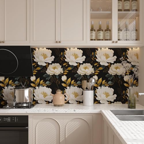 VOLEAAR Vintage Dark Floral Wallpaper Peel and Stick, White Peony Flower with Gold Leaf Removable Contact Paper for Bedroom Cabinet Drawer, Boho Botanical Wall Decor Black White Gold 17.5" x 118" - Image 5