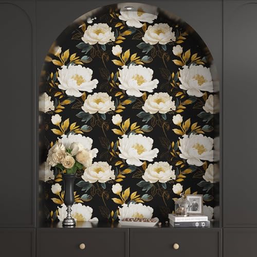 VOLEAAR Vintage Dark Floral Wallpaper Peel and Stick, White Peony Flower with Gold Leaf Removable Contact Paper for Bedroom Cabinet Drawer, Boho Botanical Wall Decor Black White Gold 17.5" x 118" - Image 3