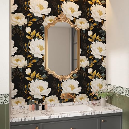 VOLEAAR Vintage Dark Floral Wallpaper Peel and Stick, White Peony Flower with Gold Leaf Removable Contact Paper for Bedroom Cabinet Drawer, Boho Botanical Wall Decor Black White Gold 17.5" x 118" - Image 4