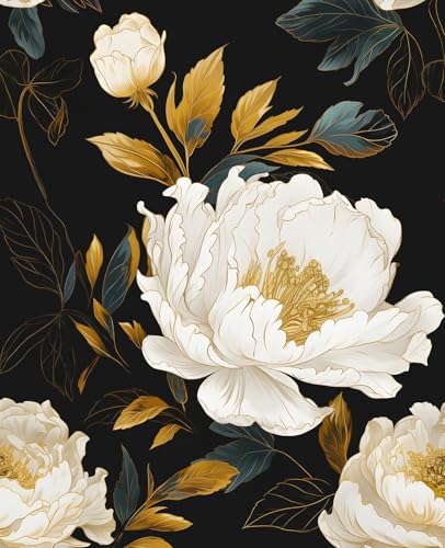 VOLEAAR Vintage Dark Floral Wallpaper Peel and Stick, White Peony Flower with Gold Leaf Removable Contact Paper for Bedroom Cabinet Drawer, Boho Botanical Wall Decor Black White Gold 17.5" x 118" - Image 1