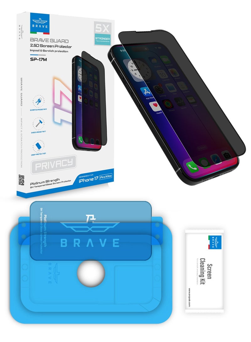 Brave iPhone 17 Pro Max Privacy HD Tempered Glass Screen Protector - Premium Privacy Protection, Edge-to-Edge Coverage, 9H Hardness Ultra Scratch Resistance, Fingerprint Resistant, Smudge-Free, Smooth Touch, Face ID Compatible, Bubble-Free Installation with Tray, Slim and Premium Protection (Black) - Image 1
